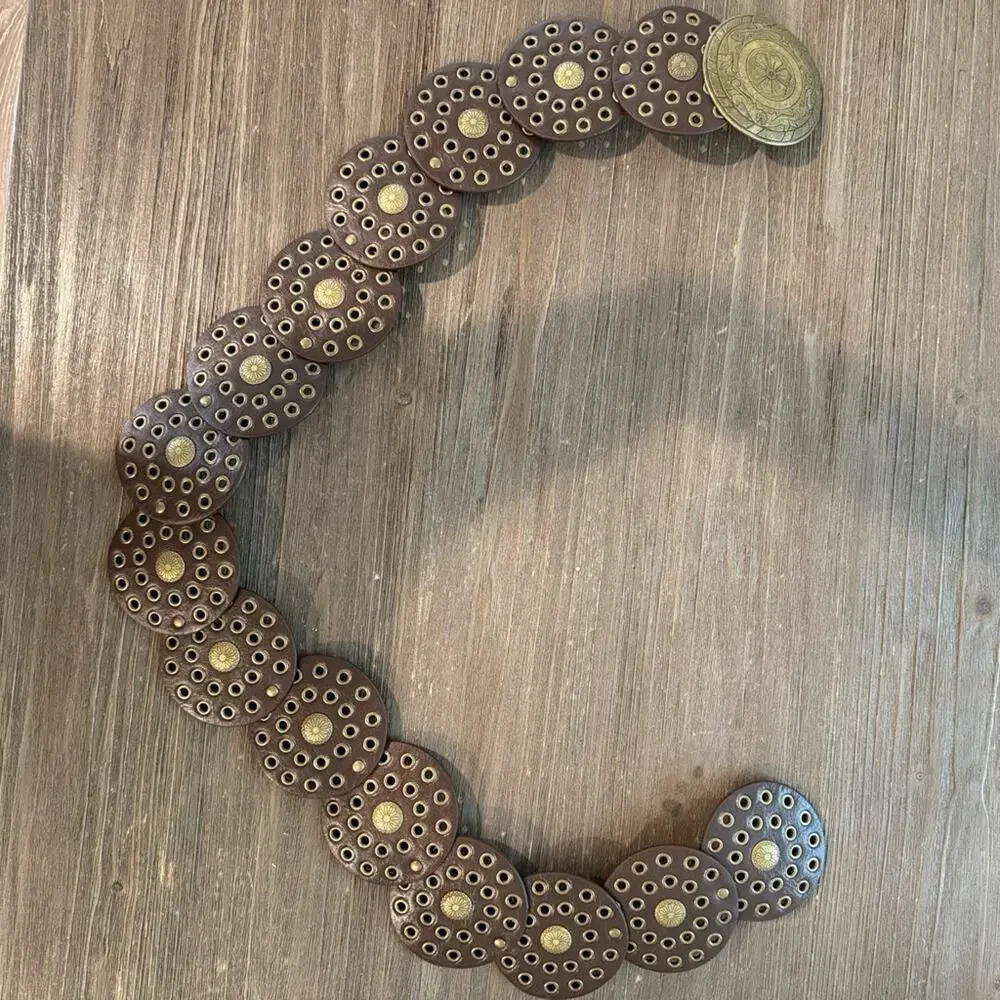 One Size Western Boho Embellished Circle Belt Brown Gold Big Buckle